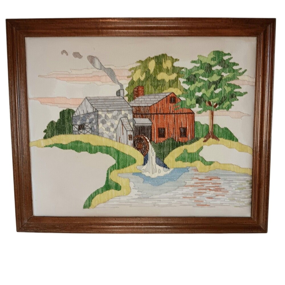 Barn Mill Stream Picture Crewel Embroidery Wood Framed 22.25" x 18.5" Vintage